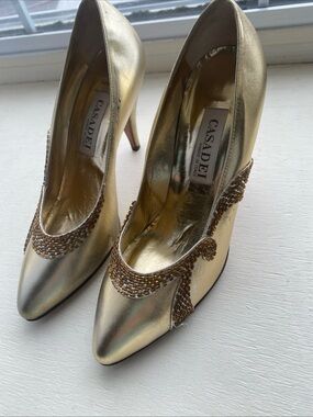 Casadei Vintage Gold Metallic Beaded Detail Pointed Toe Pumps Size 6.5